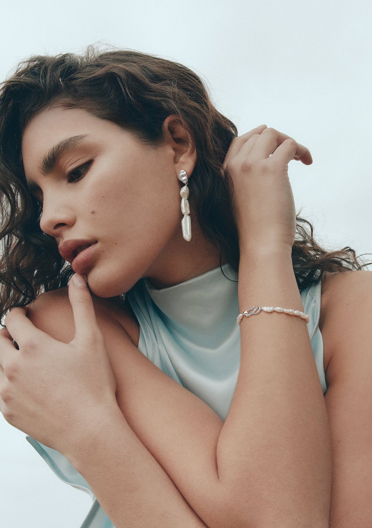 Cielo Long Pearl Drop Earrings - Silver
