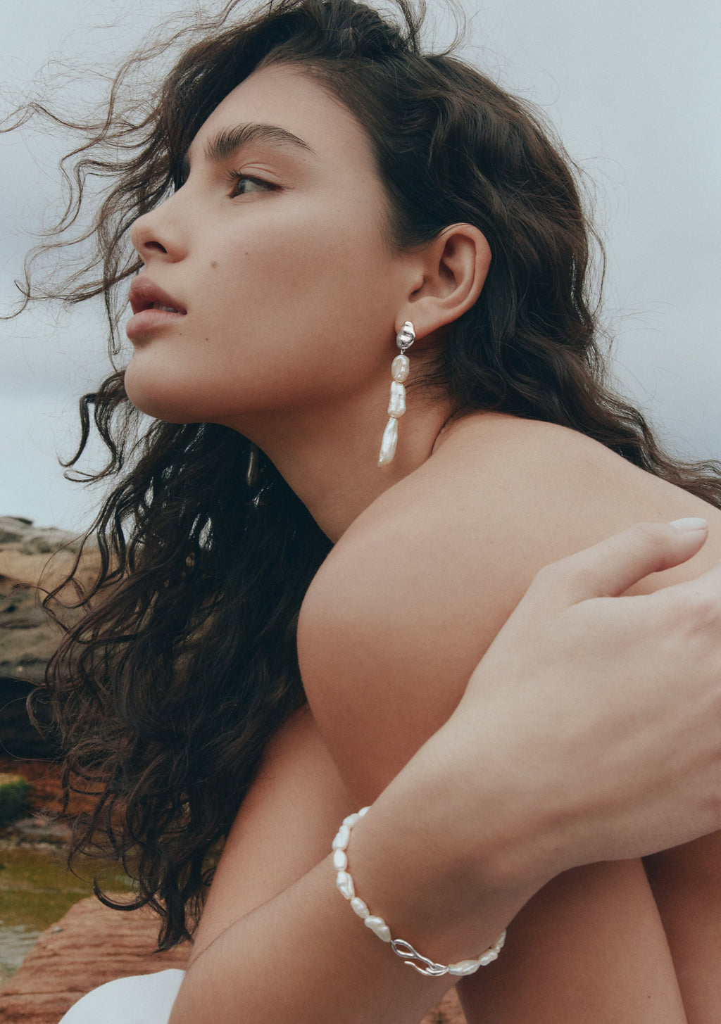 Cielo Long Pearl Drop Earrings - Silver